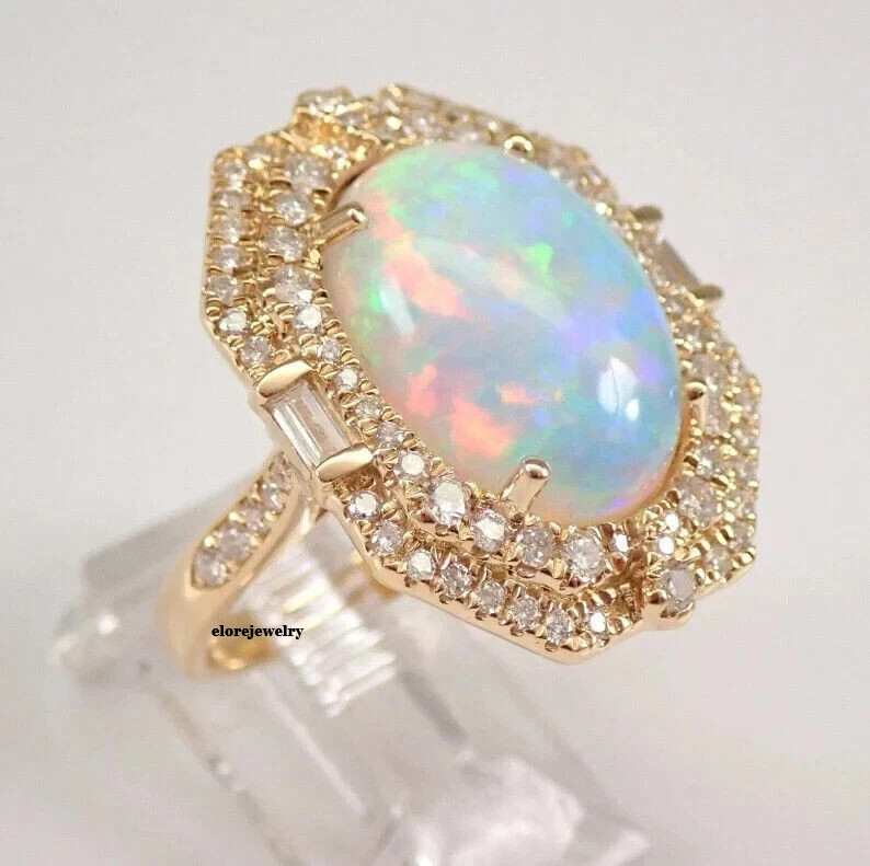 4.00Ct Oval Cut Genuine Fire Opal Halo Engagement Ring 14K Yellow Gold Plated