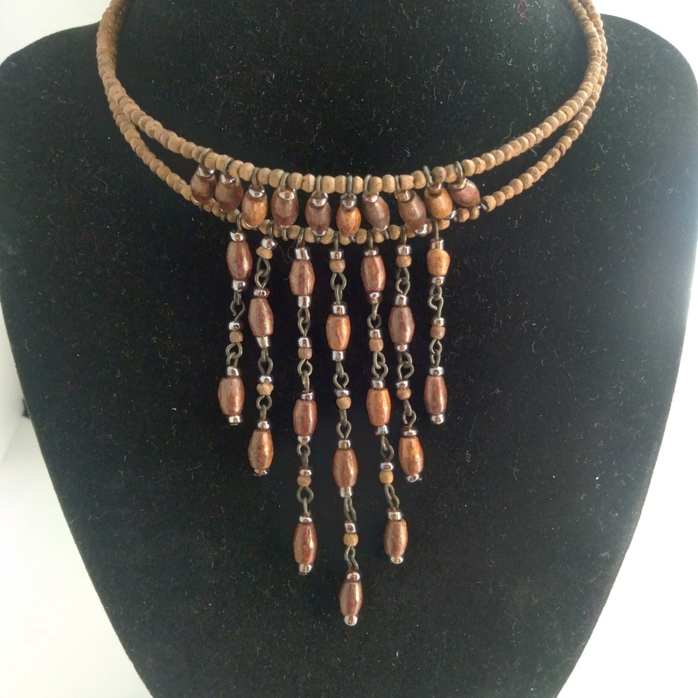 Vintage Bead Double Layer Multi Chain Tension Dangle Choker Necklace