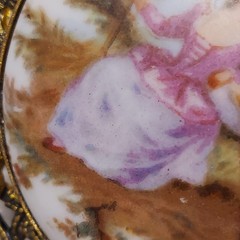 Vintage Porcelain Courting Couple Brooch Gold Tone Filigree Frame 4.5cm
