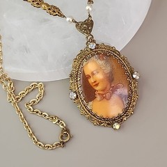 Vintage Victorian Revival Lady Cameo Portrait Necklace Western Germany Gold Tone