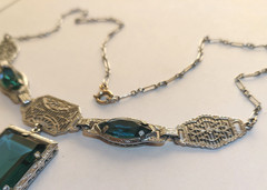 Antique Vintage Art Deco Deep Teal Faceted Glass Ornate Filigree Necklace