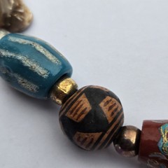 Vintage Boho Beaded Necklace Painted Glass Carved Wood Shell Metal Beads