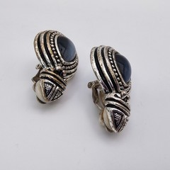 VTG Smoky Gray Cats Eye Moonstone Earrings Clip On Silver Tone Ornate Retro