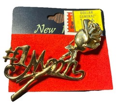 VINTAGE #1 Mom w/ Rose Flower Gold Tone Brooch Pin – Dollar General Gift NEW NOS