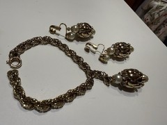 1950s Magic Lantern Gold Tone Rhinestone Earrings Necklace Charm Bracelet Set