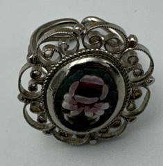 Vintage Micro Mosaic Italian Ring Green Floral Design Adjustable, Scroll Work