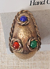 Vtg LES BERNARD Clip Earrings Antiqued Gold Tone Multicolor Rhinestone Cabochons