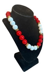 Vintage Red & White Beaded Necklace Gold-Tone Spacers 80s 90s Career Chunky