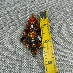 Vintage Brooch Marquise Amber Orange Brown Rhinestones 2.75 Inches