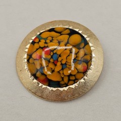 Vintage Round Art Glass Brooch Gold Tone Yellow Multi Color Mosaic MCM Retro Pin