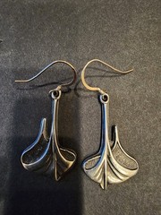 Eivind Hillestad Norway Pewter Ginkgo Leaf Dangle Earrings Signed EH Modernist