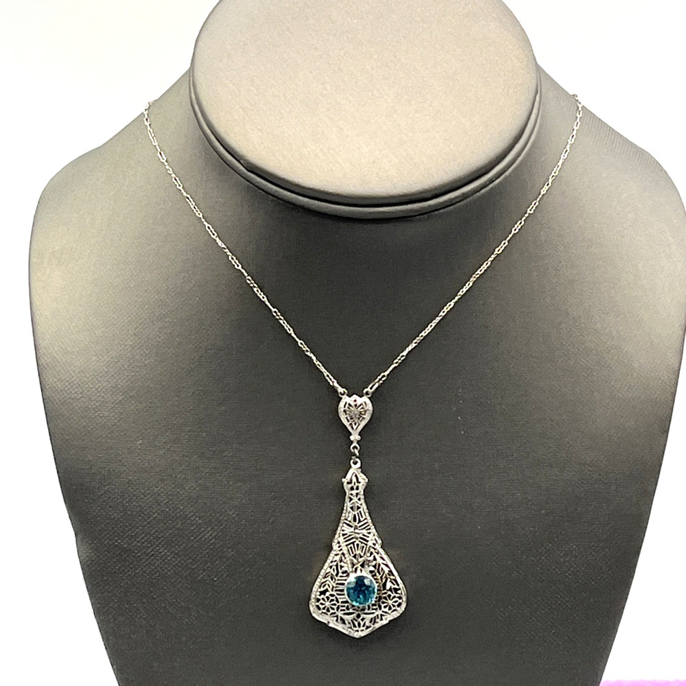 Art Deco Sterling Silver Filigree Necklace Teal Rhinestone Necklace 16″ Antique