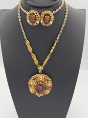 West Germany Rootbeer Cameo Set Filigree Faux Pearl Rhinestone Necklace