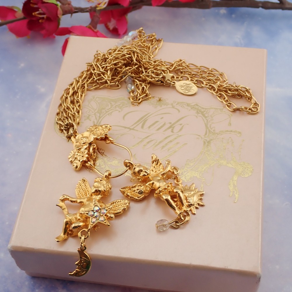 VTG Kirks Folly 2 Angel Removeable Charm Crystal Double Chain 20″ Necklace w Box