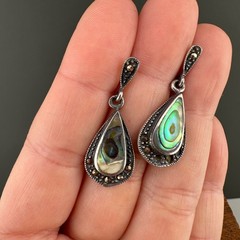 Vintage Earrings Sterling 925 Abalone Teardrop Dangle Pierced Marcasite READ