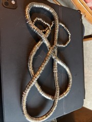 Modernist Snake Coil Oxidized Silver plate Metal Cap Stacked Bead Necklace 46”