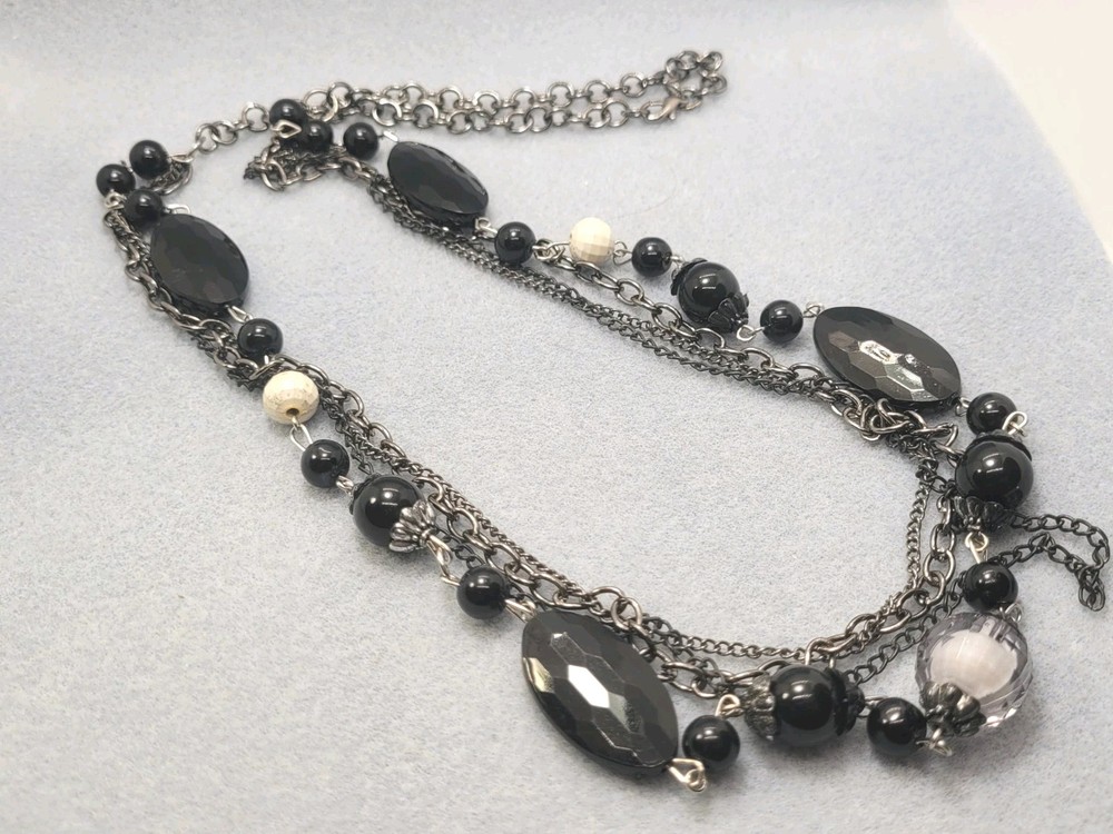 Black Multi-row Chain Plastic Beads Necklace 26in.
