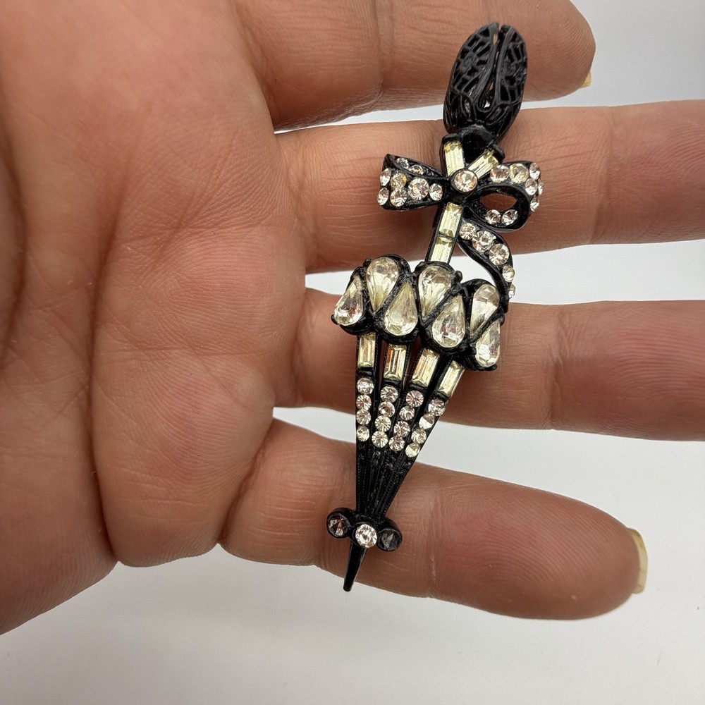 Vintage Signed HollyCraft Figural Rhinestone Umbrella Brooch Pin Read