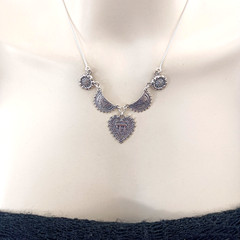 Chai Heart Necklace Filigree Silver Bib Folk Ethnic Judaica Life In Hebrew Gift