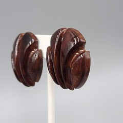 Vintage Wood Statement Clip on Earrings Hand Carved Large 1.25 in
