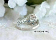 Art Deco Round Lab Created Diamond & Sapphire Wedding 14K White Gold Finish Ring
