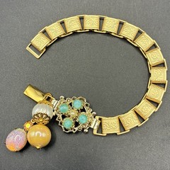 Vintage Faux Opal, Flower Panel, Japan Glass,onNew Victorian Book Chain Bracelet