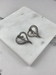 Vintage 925 Sterling Silver Deco Marcasite Heart Stud Earrings