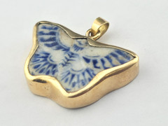 Antique Siam Blue White Porcelian Butterfly Gambling Token 14k Gold Pendant