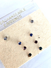 Vintage Clear Blue Red & Green Rhinestone Stud Pierced Earrings 2.5mm in Card