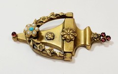 Vintage 1940’s CORO Door Knocker Red Rhinestone Faux Pearl Flowers Brooch
