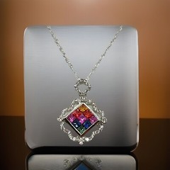 Vintage Rainbow Color Faceted Square Sterling 925 Diamond Shape Pendant Necklace