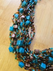 Multi-Layered Chunky Beaded Necklace, Bronze and Aqua Accents 18″