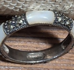Vintage Thailand 925 Sterling Silver Mother Of Pearl Marcasite Band Ring Size 9