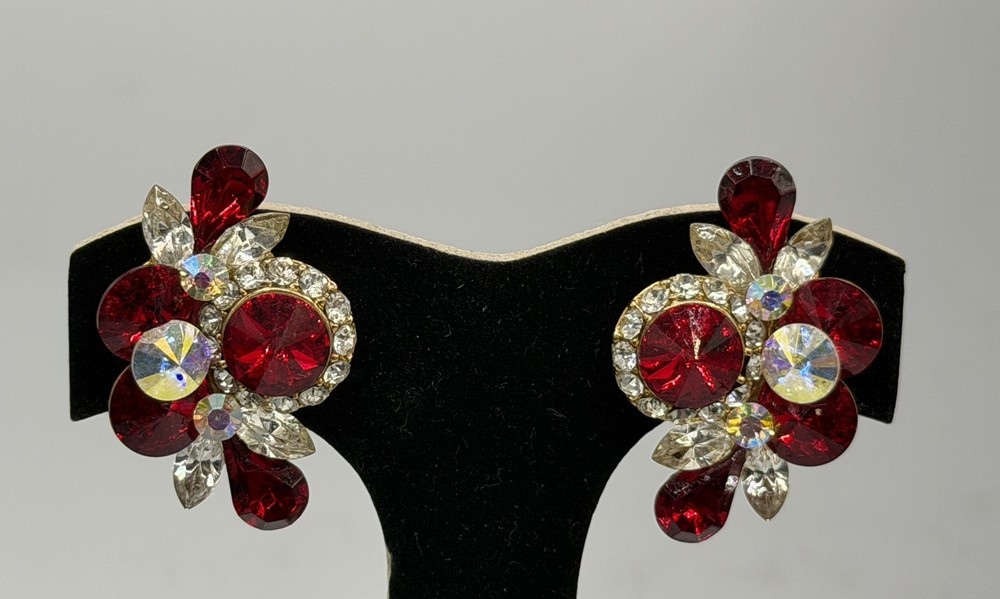 Vtg 80s Glamour Red AB Rhinestone Clip On Earrings Goldstone Made In USA Climber