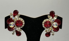 Vtg 80s Glamour Red AB Rhinestone Clip On Earrings Goldstone Made In USA Climber
