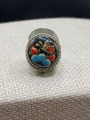 Russian Folk Art Ring Hand Painted Butterfly Floral Enamel Adjusts Vintage