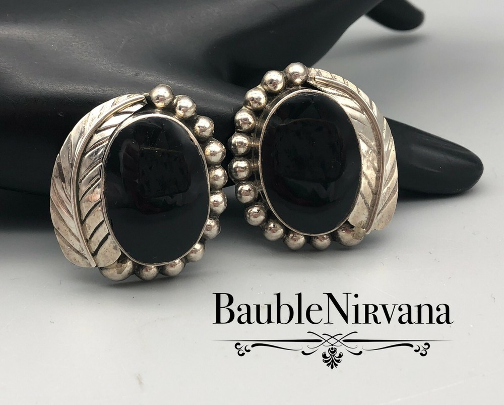 Vintage Mexican Sterling Silver Black Onyx Beaded Feather Large Clip Earrings