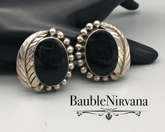 Vintage Mexican Sterling Silver Black Onyx Beaded Feather Large Clip Earrings