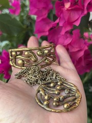 VTG Brutalist 50’s Necklace With Pendant & Bracelet Modern Brass Metal Gold Tone