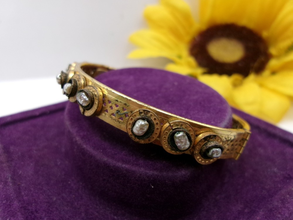Signed Miriam Haskell Baroque Wired Pearls Hinged Bracelet~Safety Chain~6.5″