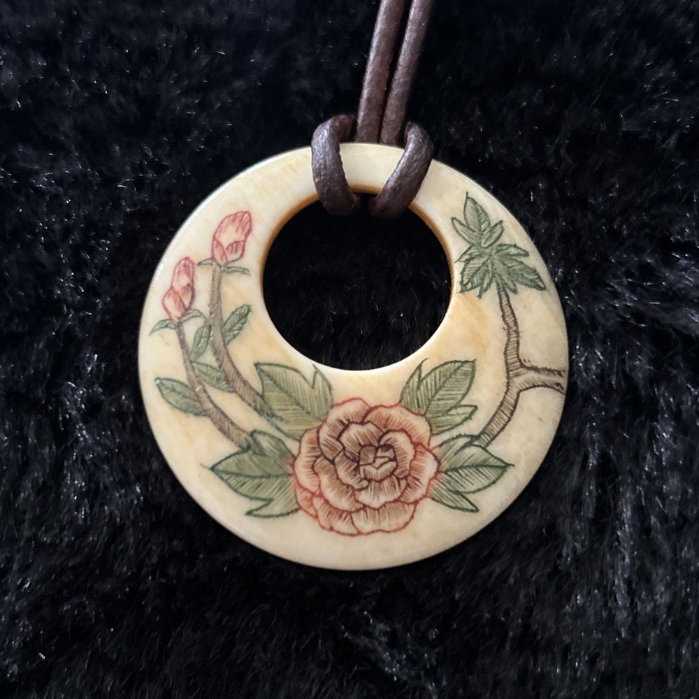 Vintage Engraved/Painted Pendant Strung On 24” Leather Cord-2Wood Beads on Ends