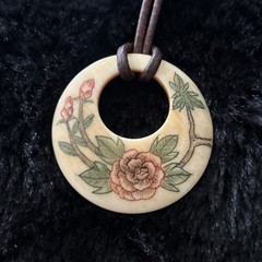 Vintage Engraved/Painted Pendant Strung On 24” Leather Cord-2Wood Beads on Ends