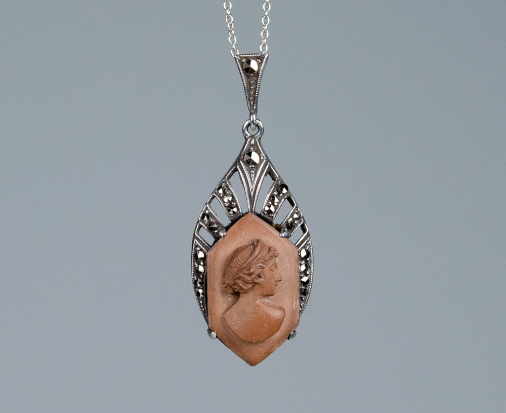 835 Silver – Antique Art Deco Pendant – Lava Stone Cameo – Marcasite