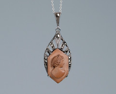 835 Silver – Antique Art Deco Pendant – Lava Stone Cameo – Marcasite