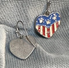 Vintage American Heart Dangle Earrings Silver Toned Red White Blue