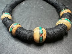 Vintage Nepal Yak Bone Bead Necklace with Turquoise Coral Inlay, Handmade Triba