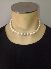 Cookie Lee Faux Pearl Choker Necklace & Bracelet set with Rhinestone Ball Clasp
