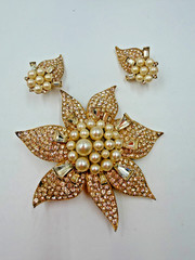 Vintage Brooch Marvella Clip Earrings Set Matching Encrusted Simulated Pearl