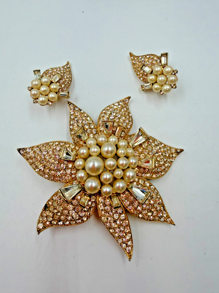 Vintage Brooch Marvella Clip Earrings Set Matching Encrusted Simulated Pearl