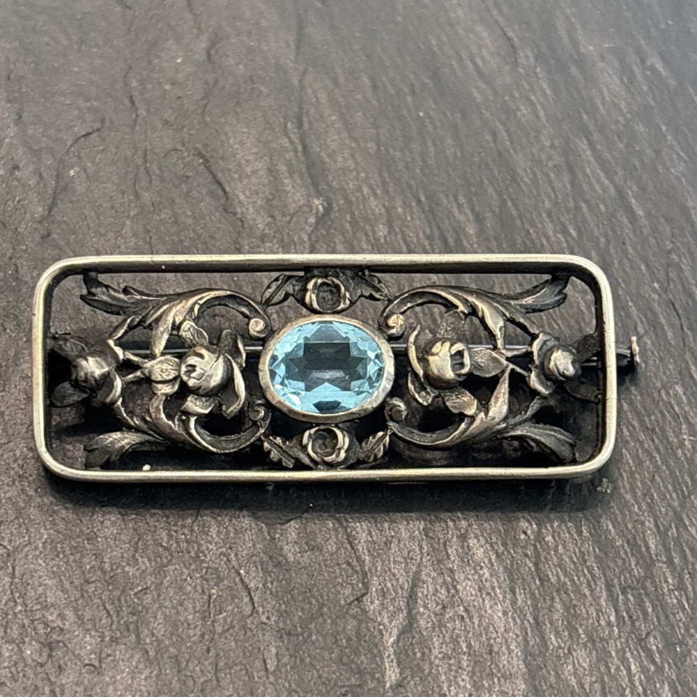 Stunning Antique Blue Glass Trombone Clasp Brooch Sterling Silver L2